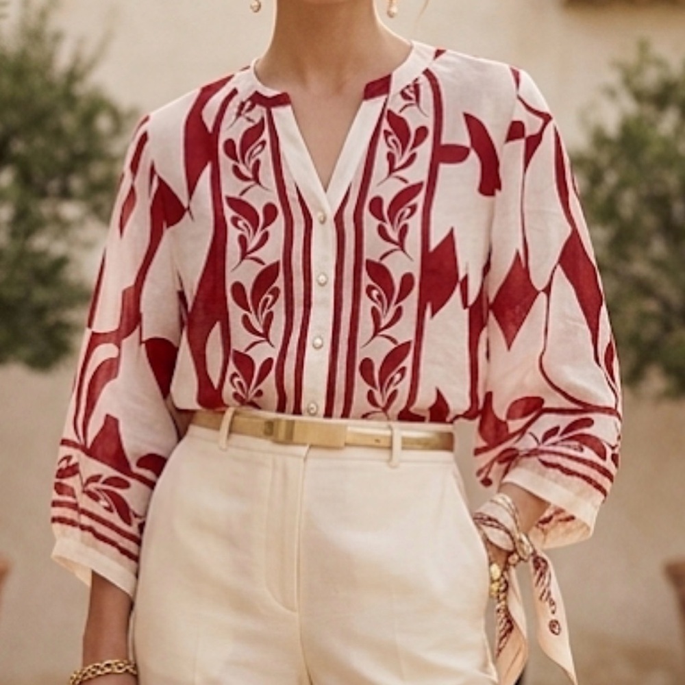 Figueroa & Flower Red White Geometric Floral Button Front Blouse CLO60B04 Size L